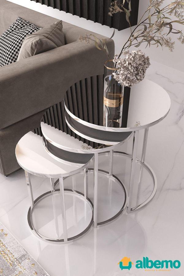 usta mekan Usta Gümüş Metal Gümüş (DÜZ) Aynalı 3lü Zigon Sehpa - Image 1