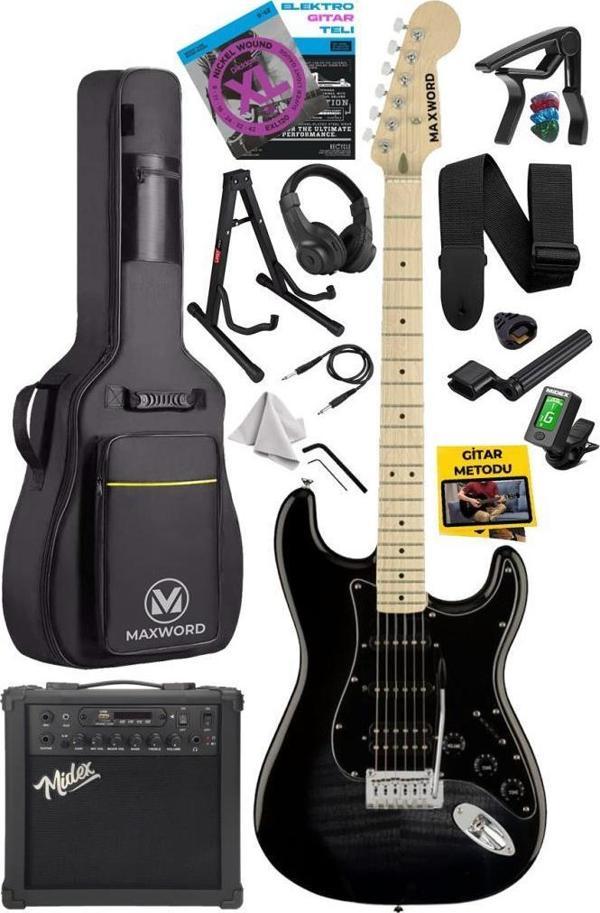 Maxword MAP-45BK-25AMP 25W Şarjlı BT Amfili  Siyah Elektro Gitar Seti HSS Manyetik Maple Klavye Strat Kasa - Image 1
