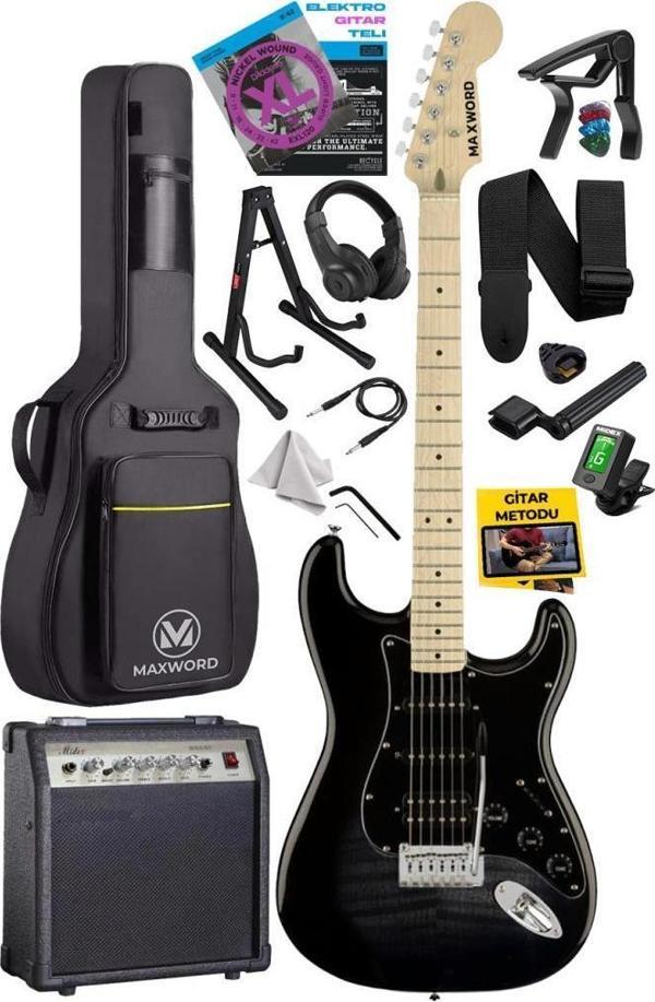 Maxword MAP-45BK-30AMP 30W BT Amfili  Siyah Elektro Gitar Seti HSS Manyetik Maple Klavye Strat Kasa - Image 1
