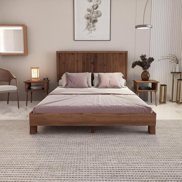 Renazzo Mobilya Alaz Model Ceviz Renk Çam Ahşap Karyola Ve İki Komodin Set ( Dikey ) 90x190 cm - Image 1