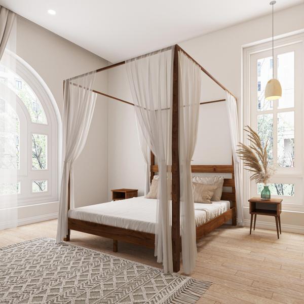 Renazzo Mobilya Natura Model Cibindirik Askılıklı  Ceviz Renk Çam Ahşap Karyola Ve İki Komodin Set 140x190 cm - Image 1