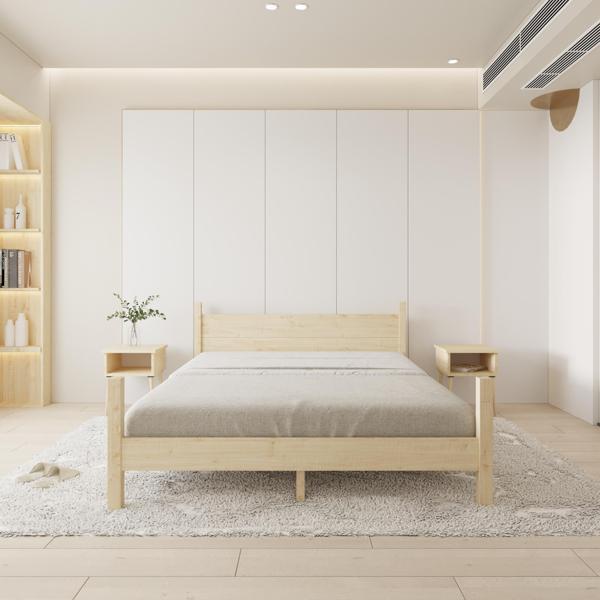 Renazzo Mobilya Mirage Model Doğal Çam Ahşap Karyola Ve İki Komodin Set 90x200 cm - Image 1