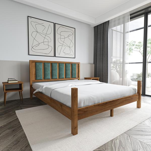 Renazzo Mobilya Orion Model Çağla Yeşili Puflu Başlıklı Ceviz Renk Çam Ahşap Karyola 90x200 cm - Image 1