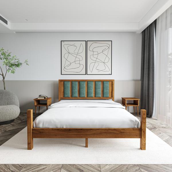 Renazzo Mobilya Orion Model Çağla Yeşili Puflu Başlıklı Ceviz Renk Çam Ahşap Karyola Ve İki Komodin Set 90x190 cm - Image 1