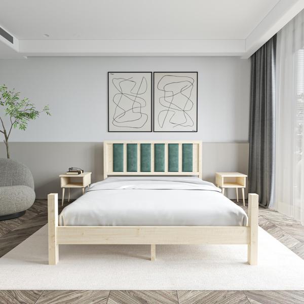Renazzo Mobilya Orion Model Çağla Yeşili Puflu Başlıklı Doğal Çam Ahşap Karyola Ve İki Komodin Set 90x190 cm - Image 1
