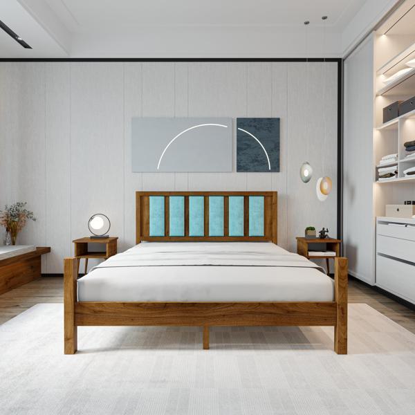 Renazzo Mobilya Orion Model Cam Göbeği Puflu Başlıklı Ceviz Renk Çam Ahşap Karyola Ve İki Komodin Set 90x190 cm - Image 1
