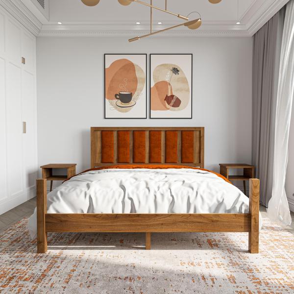Renazzo Mobilya Orion Model Kiremit Renk Puflu Başlıklı Ceviz Renk Çam Ahşap Karyola Ve İki Komodin Set 90x200 cm - Image 1