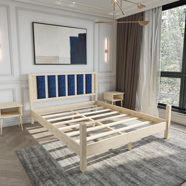 Renazzo Mobilya Orion Model Lacivert Puflu Başlıklı Doğal Çam Ahşap Karyola 160x200 cm - Image 1