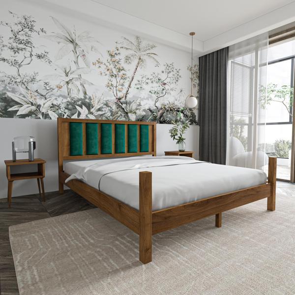 Renazzo Mobilya Orion Model Zümrüt Yeşili Puflu Başlıklı Ceviz Renk Çam Ahşap Karyola 90x190 cm - Image 1