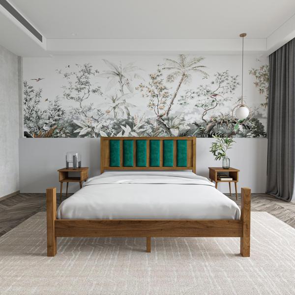 Renazzo Mobilya Orion Model Zümrüt Yeşili Puflu Başlıklı Ceviz Renk Çam Ahşap Karyola Ve İki Komodin Set 90x200 cm - Image 1