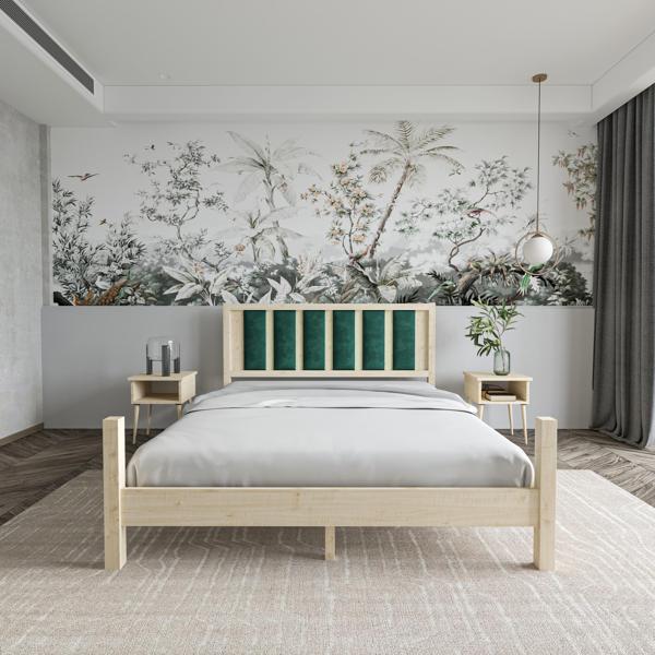 Renazzo Mobilya Orion Model Zümrüt Yeşili Puflu Başlıklı Doğal Çam Ahşap Karyola Ve İki Komodin Set 90x200 cm - Image 1