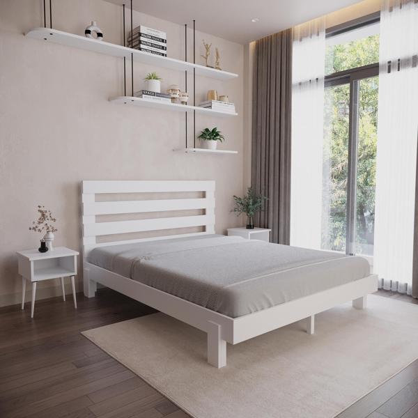 Renazzo Mobilya Urban New Model Beyaz Renk Çam Ahşap Karyola Ve İki Komodin Set 90x190 cm - Image 1