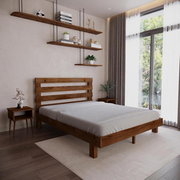 Renazzo Mobilya Urban New Model Ceviz Renk Çam Ahşap Karyola Ve İki Komodin Set 90x190 cm - Image 1