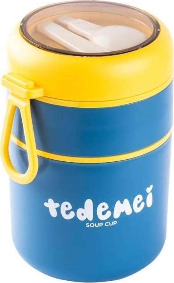 Tedemei Mavi Paslanmaz 2 Katlı Kaşıklı Yemek Taşıma Kabı 710 ml - Image 1