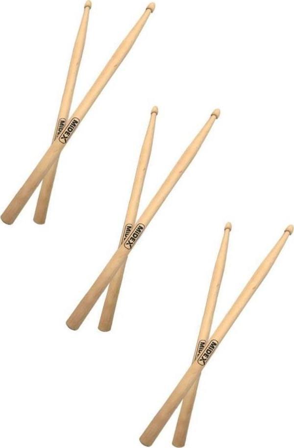 Midex Maple-100-7A-3X Ahşap Akça Ağaç Bateri Baget Davul Bageti 7A Drumsticks (3 Çift) - Image 1