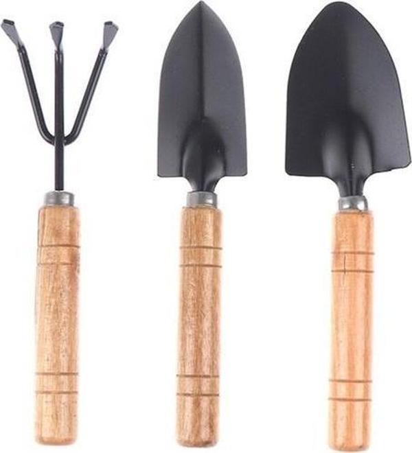 3 Parça Bahçe Dikme Seti Mini Saksı Hobi Seti Ahşap Saplı 18 cm Kürek Tırmık Seti - Image 1