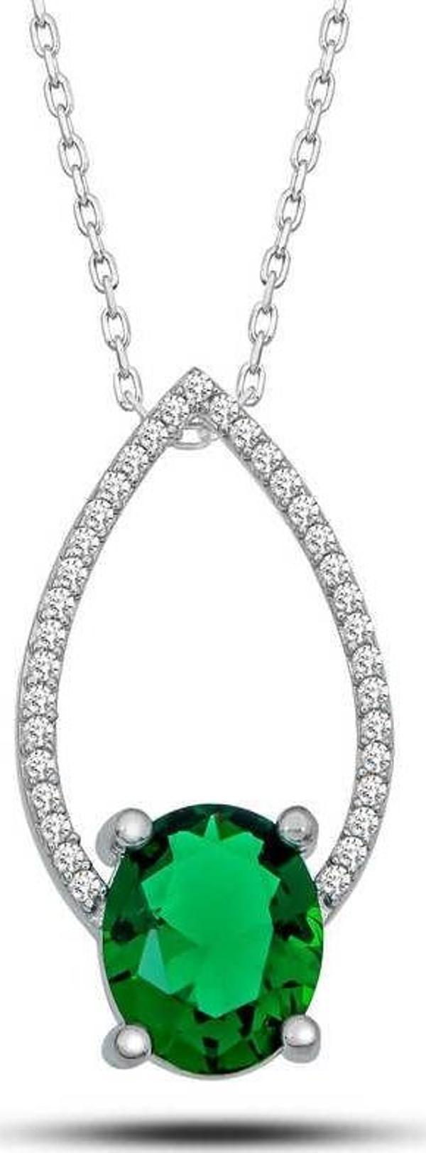 Himarry Gümüş Yeşil Oval Taşlı Damla Kadın Kolye - Image 1