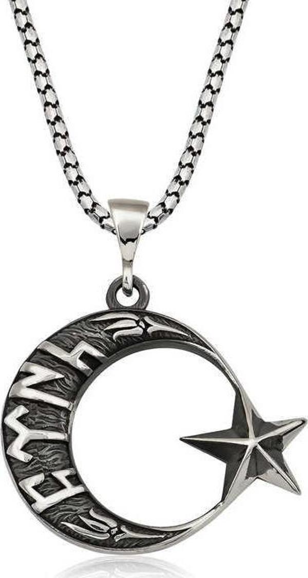 Himarry Gümüş Göktürkçe Türk Yazılı Ay Yıldız Erkek Kolye - Image 1