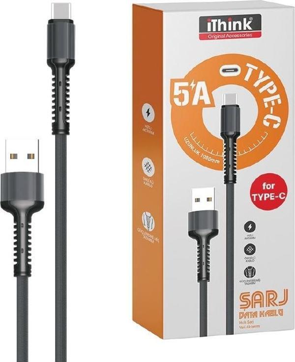 İTHİNK GOLD KABLO ÖRGÜLÜ TYPE-C K63C GRİ - Image 1