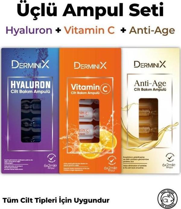 Derminix 3'lü Cilt Bakım Ampul Seti / Hyaluron Ampul + Vitamin C Ampul + Anti Age Ampul - Image 1