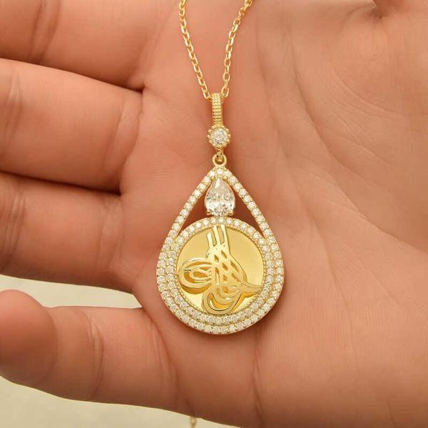 Gümüş Gold Kaplama Damla Tuğralı Kadın Kolye - Image 1