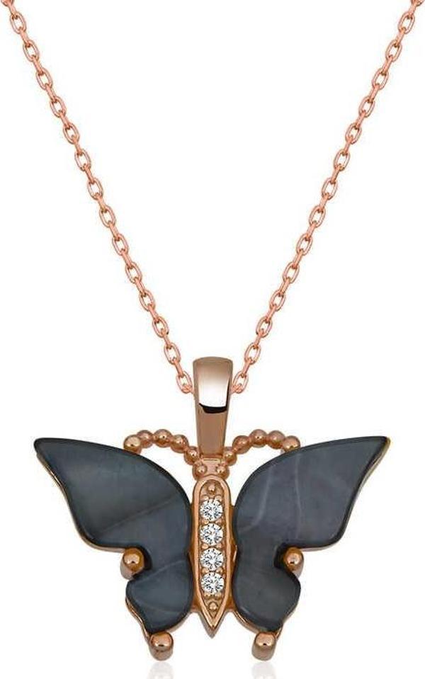 Gümüş Rose Antrasit Kaplangözü Taşlı Kelebek Kolye - Image 1