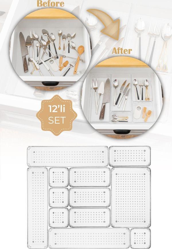 Vienev 12'li Şeffaf Çekmece Içi Düzenleyici Organizer 3x(D.DKDRTGN) 4x(K.DKDRGN,K.KARE) 1x(O.DKDRGN) - Image 1