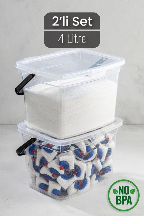 Vienev 2li 4 Litre Toz Tablet Deterjan Saklama Kabı - Deterjan Kutusu, Toz Tablet Deterjan Kabı Beyaz - Image 1