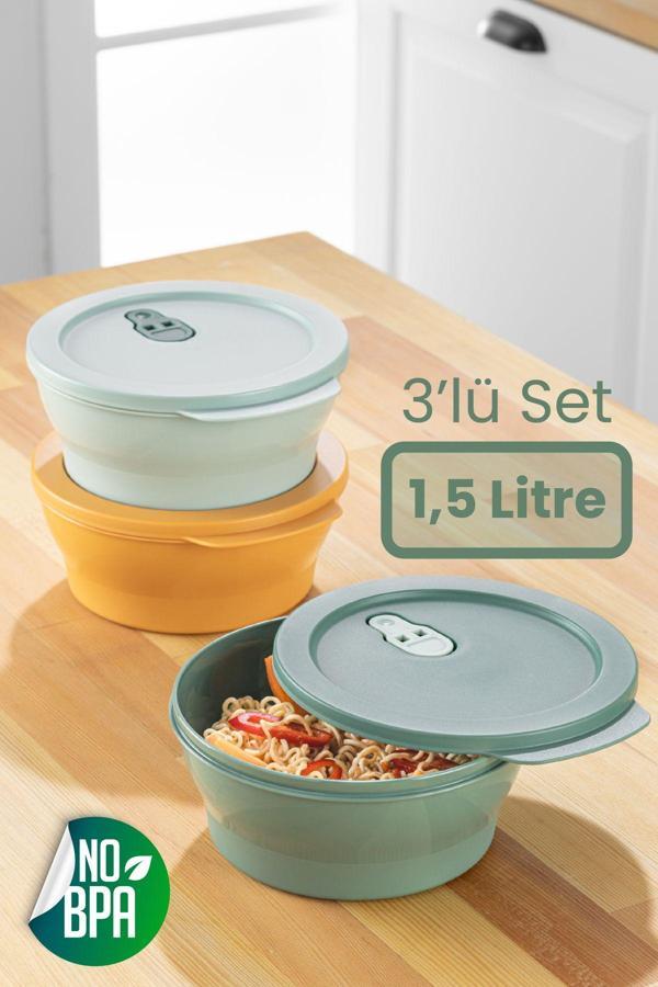 Vienev 3lü 1,5 Litre Klips Kapaklı Saklama Kabı Seti Renkli - Image 1