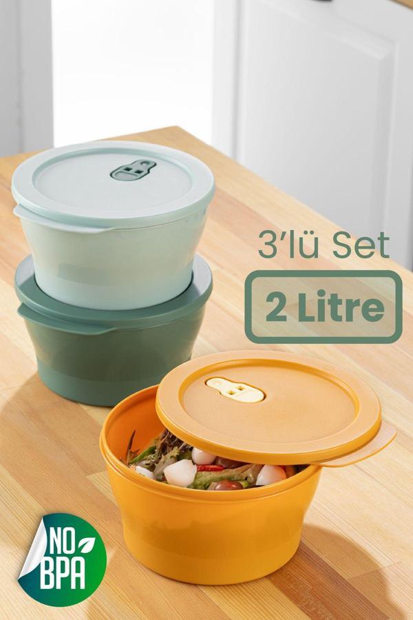 Vienev 3lü 2 Litre Klips Kapaklı Saklama Kabı Seti Renkli - Image 1
