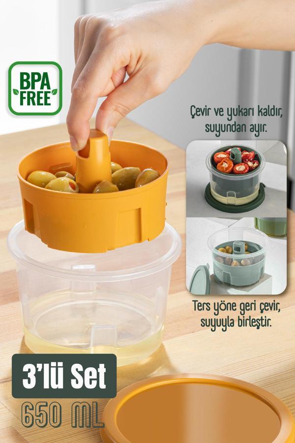 Vienev 3lü Renkli Sunumluk Zeytin Turşu Peynir Çok Amaçlı Süzgeçli Saklama Kabı Seti - Image 1