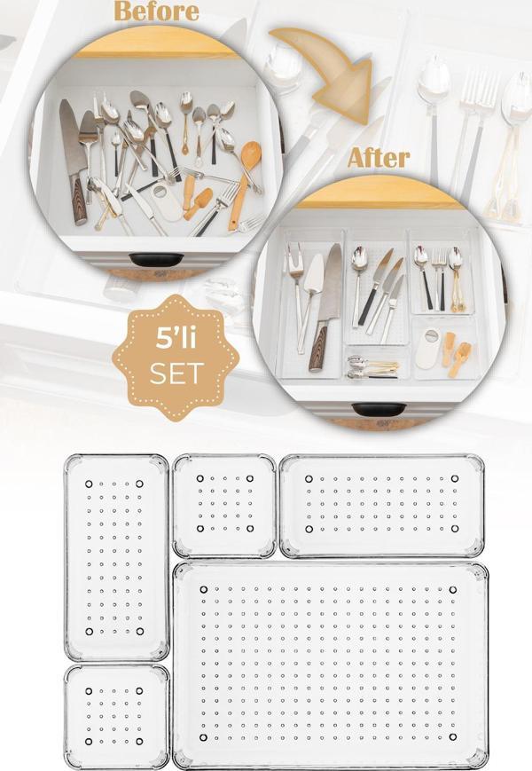 5li Şeffaf Çekmece Içi Düzenleyici Organizer 1x(O.DKDRTGN) 2x(K.DKDRTGN, K.KARE) - Image 1