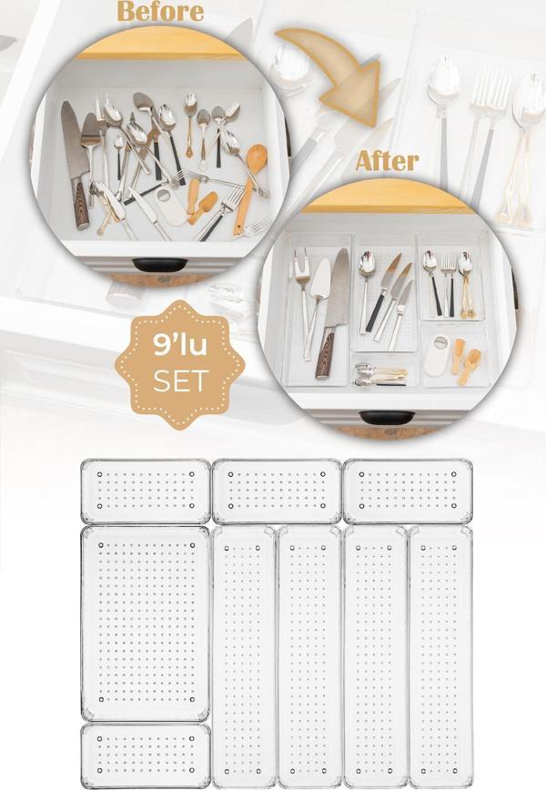 Vienev 9lu Şeffaf Çekmece Içi Düzenleyici Organizer 4x(D.DKDRTGN,K.DKDRTGN) 1x(O.DKDRTGN) - Image 1
