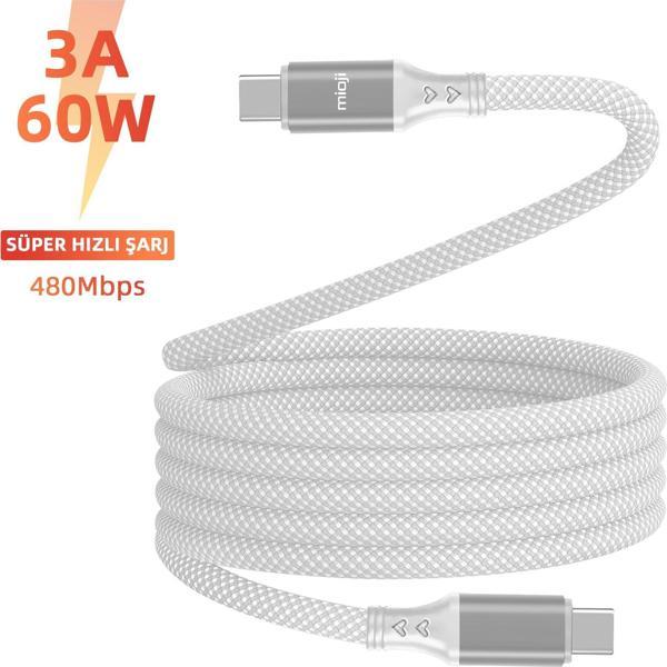 Mioji Mio SC1000 USB-C To USB-C 60W Mıknatıslı Spiral Şarj ve Data Kablosu 1m - Beyaz - Image 1