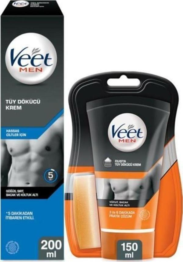 Veet Men Hassas Erkeklere Özel Tüy Dökücü 200ml+Veet Men Normal Erkeklere Özel Duşta Tüy Dökücü Krem 150ml - Image 1