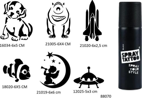 Airbrush Tattoo Çocuksu Desenler 6 Adet Şablon Ve Siyah Sprey Geçici Dövme Seti - Image 1