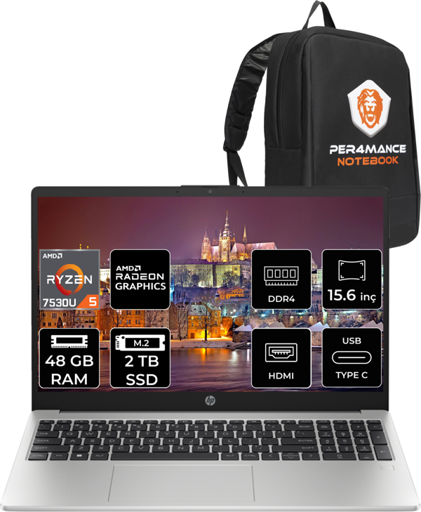 Hp 255 G10 Ryzen 5 7530U 48Gb Ram 2Tb Ssd 15.6'' Fhd Fdos 8A547Ea & Per4 Çanta - Image 1