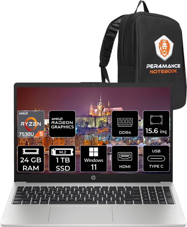 Hp 255 G10 Ryzen 5 7530U 24Gb Ram 1Tb Ssd 15.6'' Fhd W11Pro 8A547Ea & Per4 Çanta - Image 1
