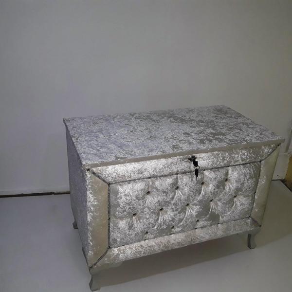 Çeyiz 12352 SANDIK Kapitone Büyük 3lü Model KREM Kadife Kumaş İçi tela El Yapım - Image 1