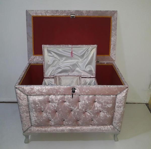 Çeyiz 12353 SANDIK Kapitone Büyük 3lü Model PEMBE Kadife Kumaş İçi tela El Yapım - Image 1