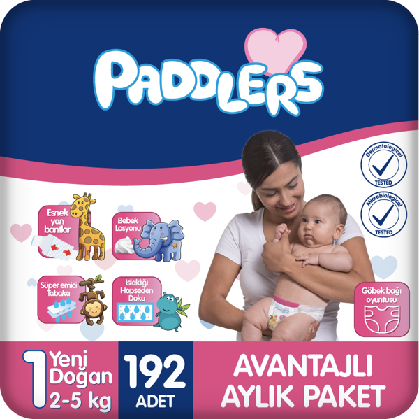 Paddlers Bebek Bezi 1 Numara Yenidoğan 192 Adet (2-5 Kg) Aylık Paket - Image 1