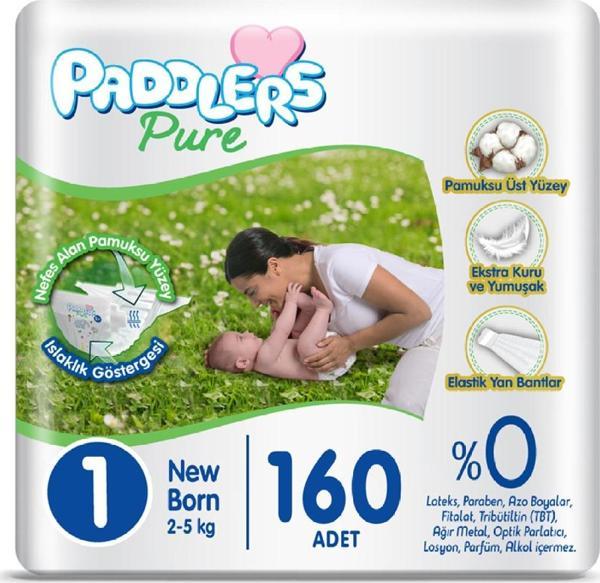 Paddlers Pure Bebek Bezi 1 numara Yenidoğan 160 Adet ( 2-5 kg ) Süper Fırsat Paketi - Image 1