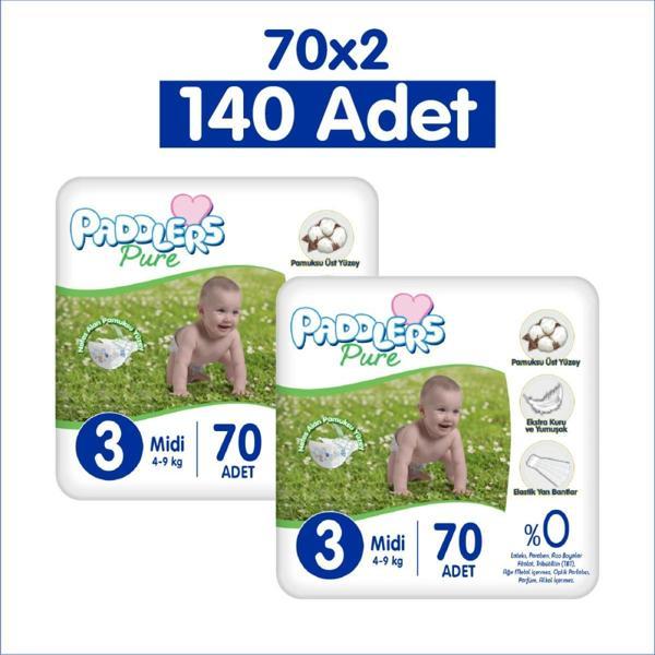 Paddlers Pure Bebek Bezi 3 Numara Midi 140 Adet 2'li Jumbo Set - Image 1