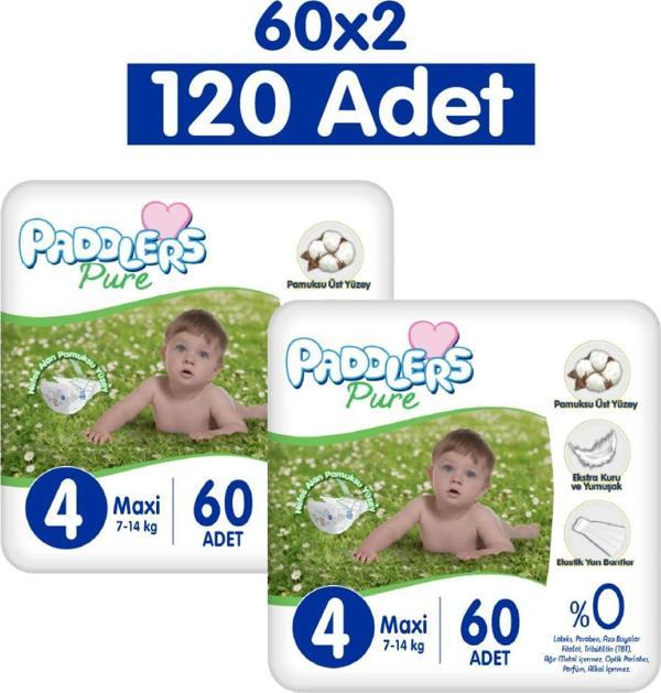 Paddlers Pure Bebek Bezi 4 Numara Maxi 120 Adet 2'li Jumbo Set - Image 1
