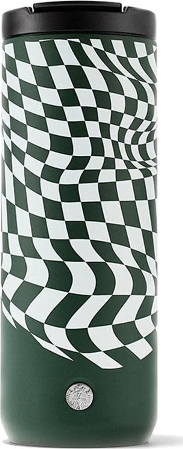 Starbucks  Koyu Yeşil Renkli Dama Desenli Çelik Termos 473 Ml - Image 1