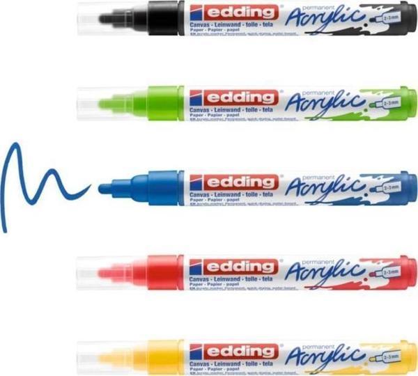 Edding 5100 Akrilik Markör 5’Li Paket (Temel) - Siyah Kırmızı Mavi Sarı Sarı-Yeşil - 2-3 Mm’Lik Yuvarlak Uç - Image 1