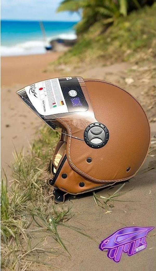 Sway 701 Deri Kaplı Yarı Camlı Elektrikli Bisiklet Motosiklet Scooter Kaskı XL Beden Kahve - Image 1