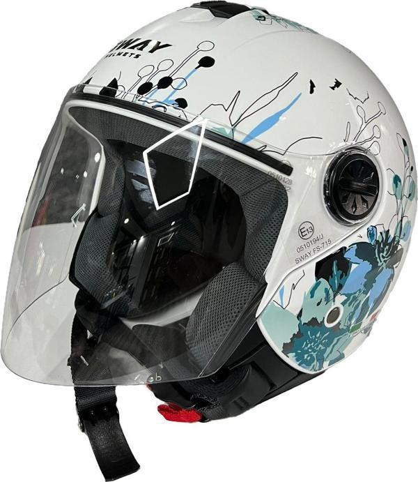 Sway 715 Şeffaf Vizörlü Yarım Motosiklet Scooter Kaskı M Beden Iris White Blue - Image 1