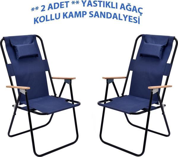 Exent 2' li Yastıklı yüksek sırtlı katlanır büyük boy kamp piknik sandalyesi, ağaç kollu-LACİVERT - Image 1