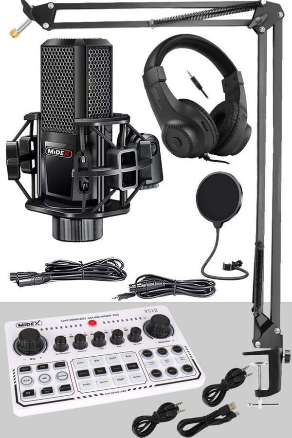 Midex MX-2020 White Power Paket-2 Stüdyo Mikrofon Şarjlı Ses Kartı Kulaklık Stand (Kayıt ve Canlı Yayın) - Image 1